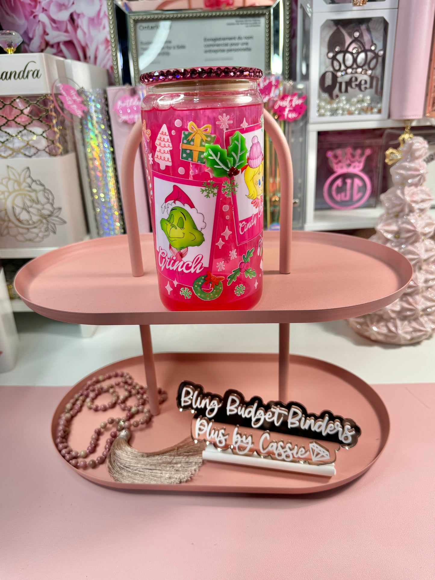 Pink Grinch Snow Globe Beer Can Glass