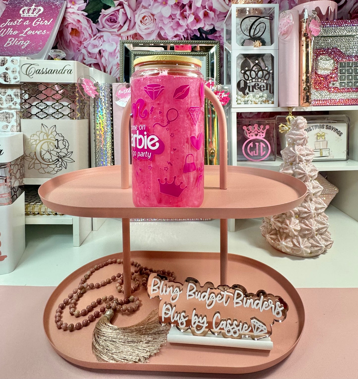 Pink Doll Snow Globe Beer Can Glass
