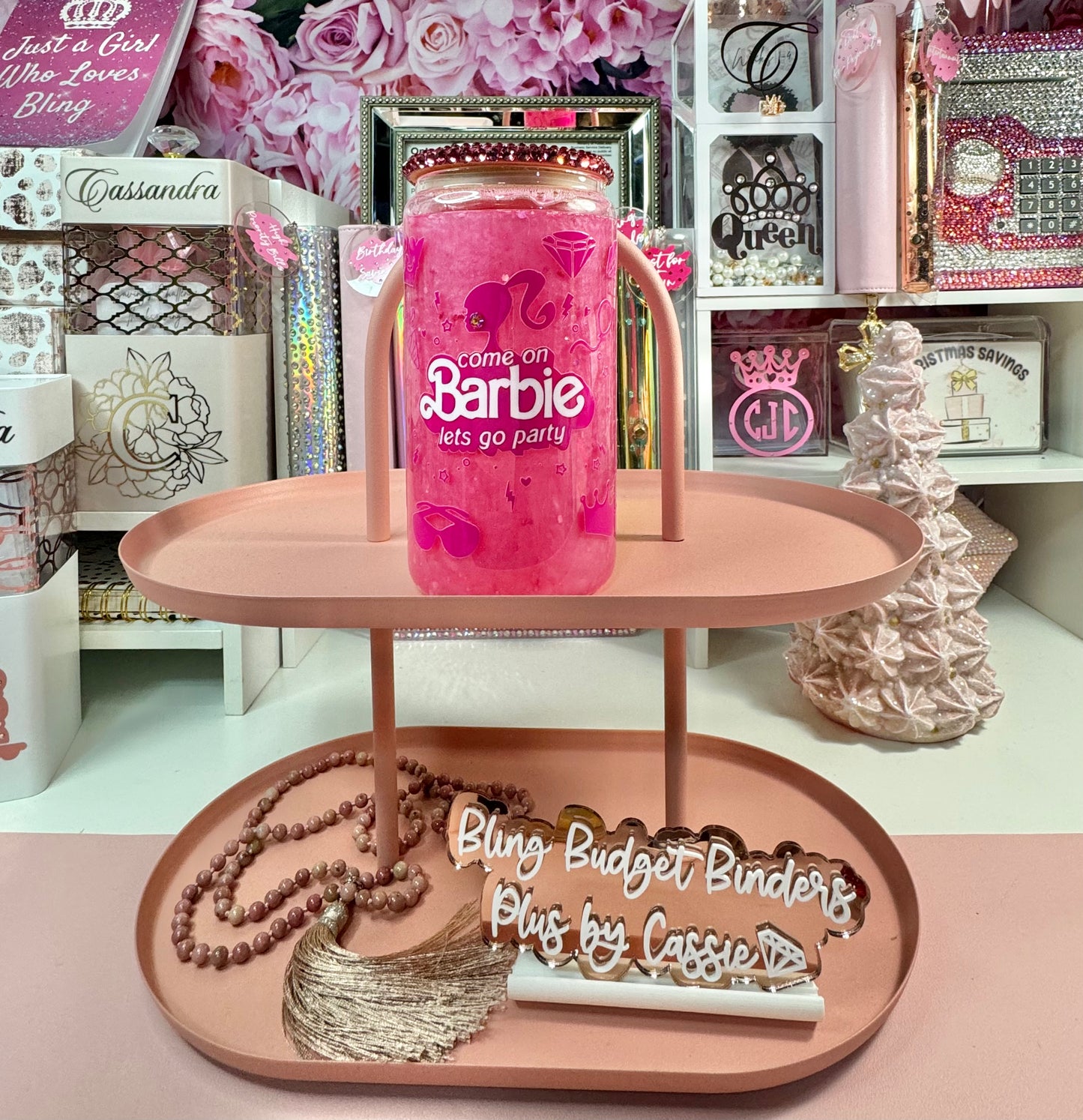 Pink Doll Snow Globe Beer Can Glass