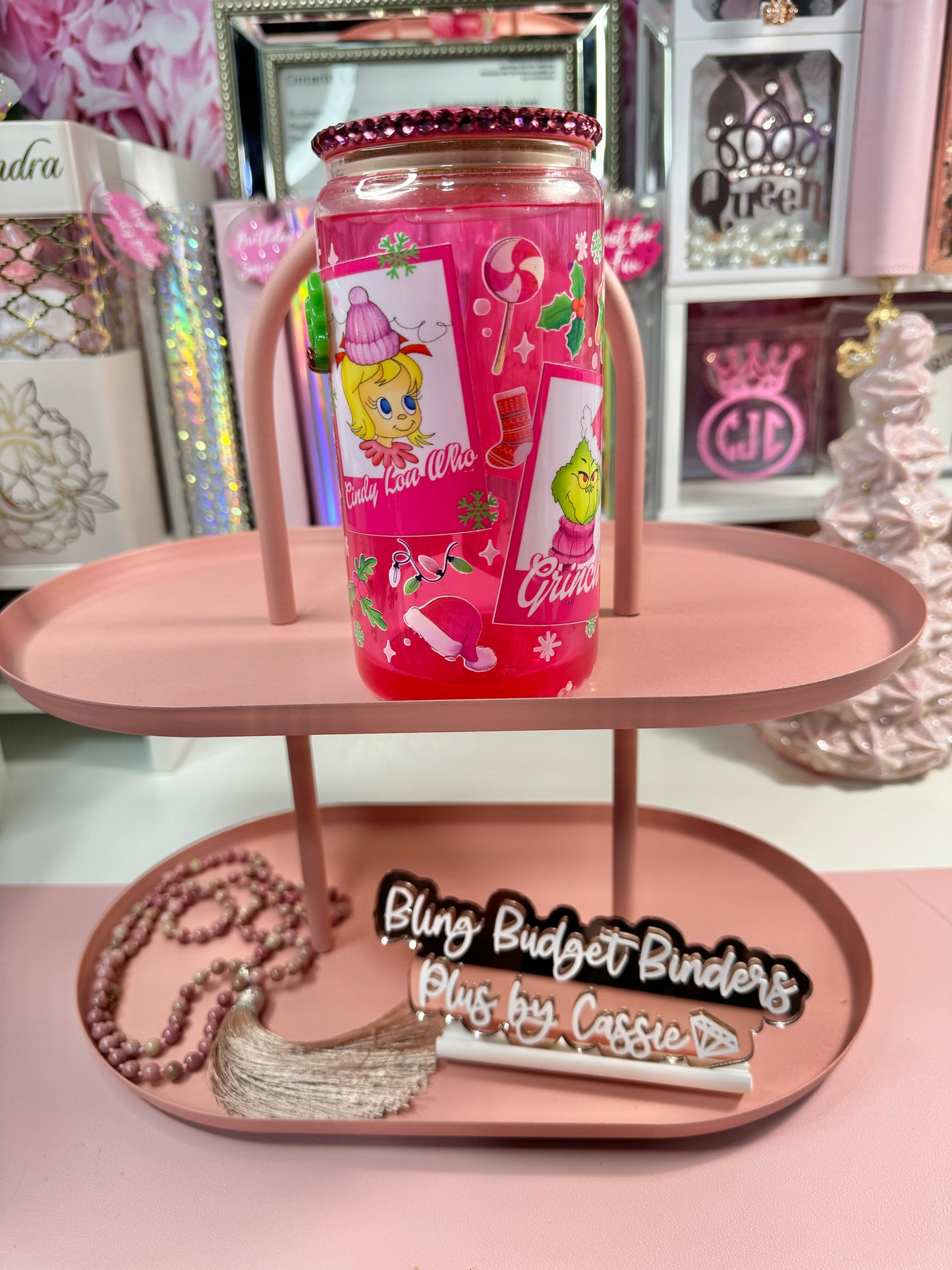 Pink Grinch Snow Globe Beer Can Glass
