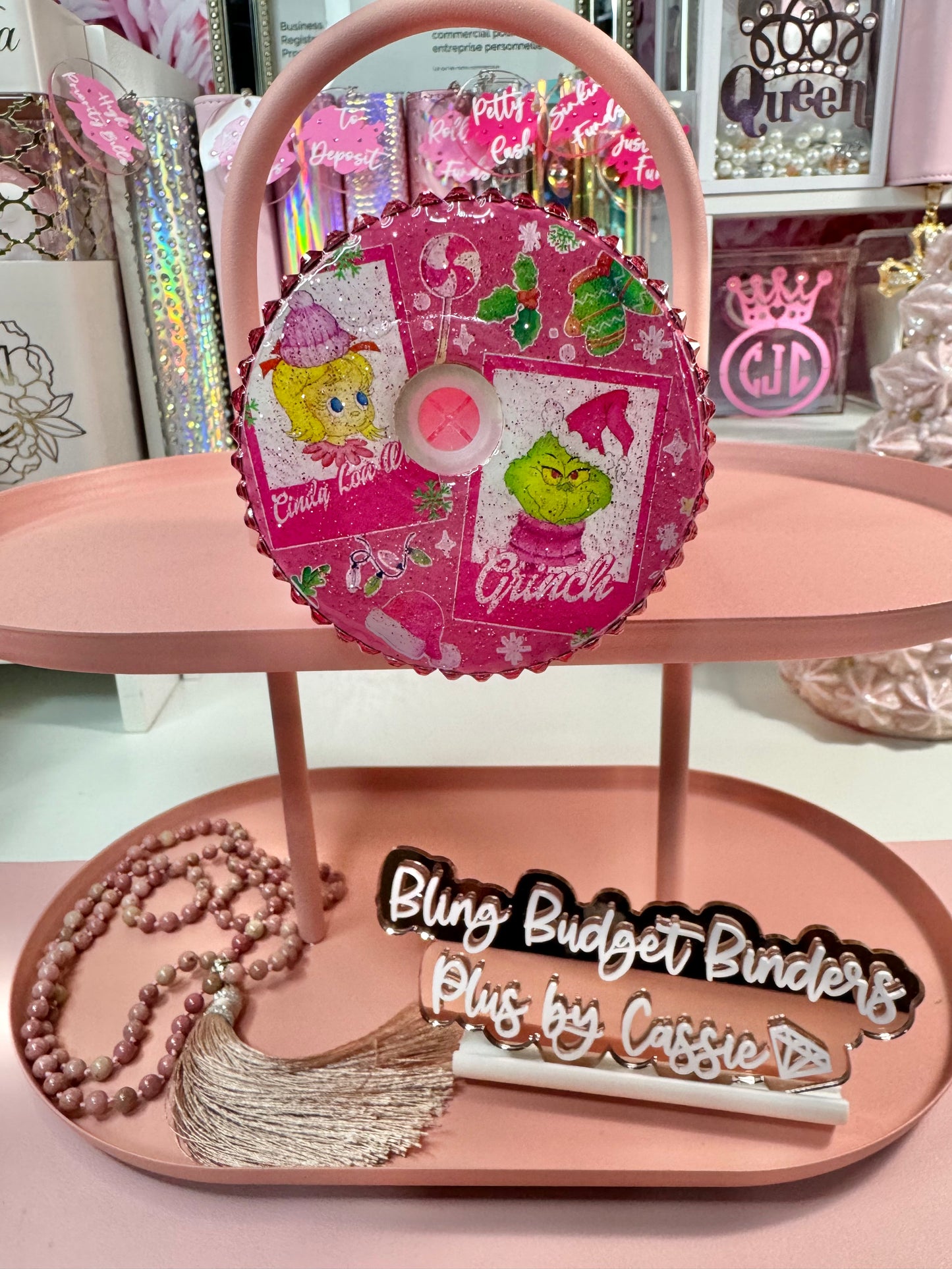 Pink Grinch Snow Globe Beer Can Glass