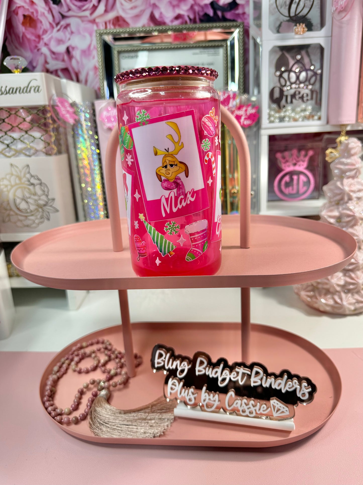 Pink Grinch Snow Globe Beer Can Glass