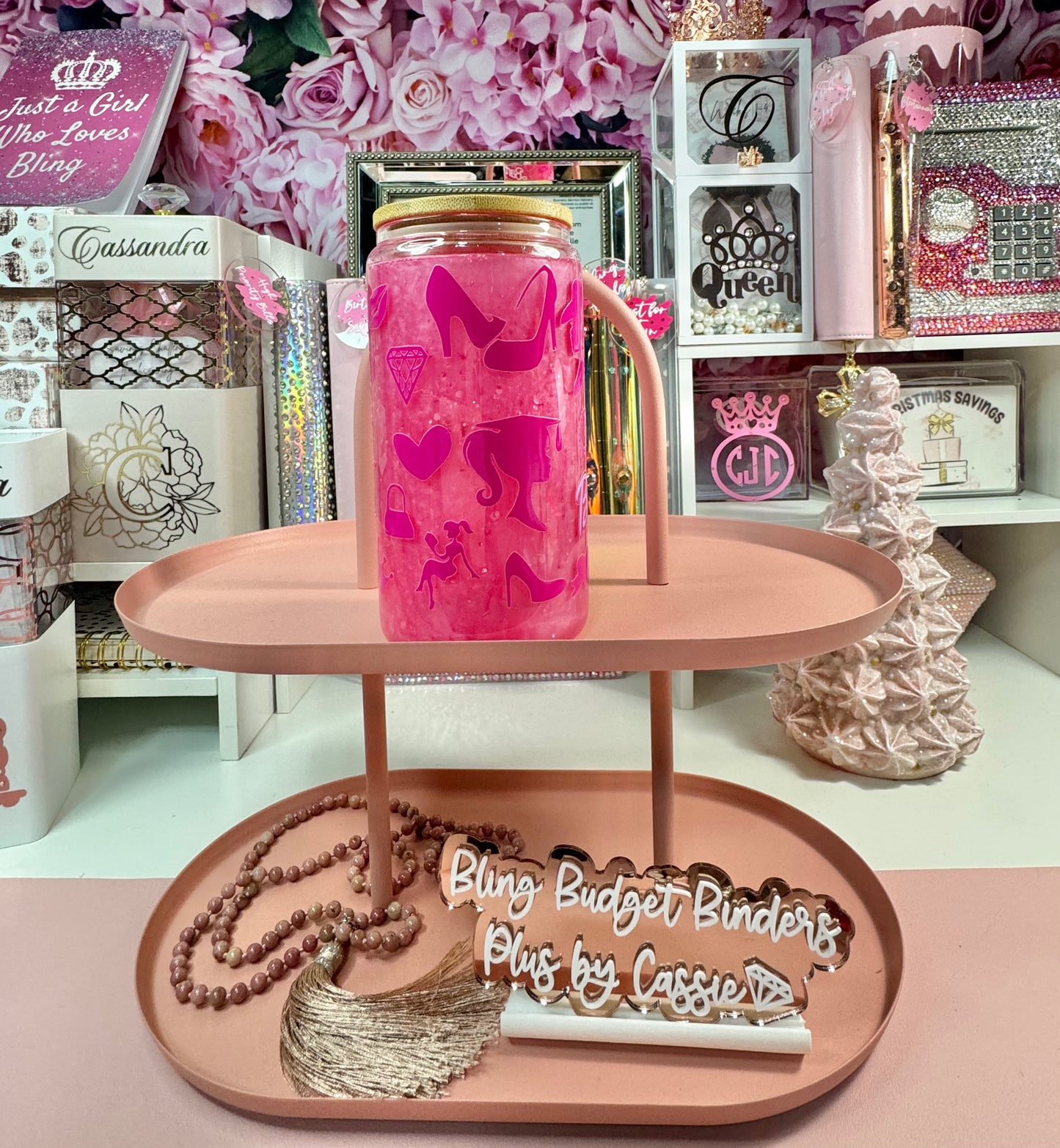 Pink Doll Snow Globe Beer Can Glass