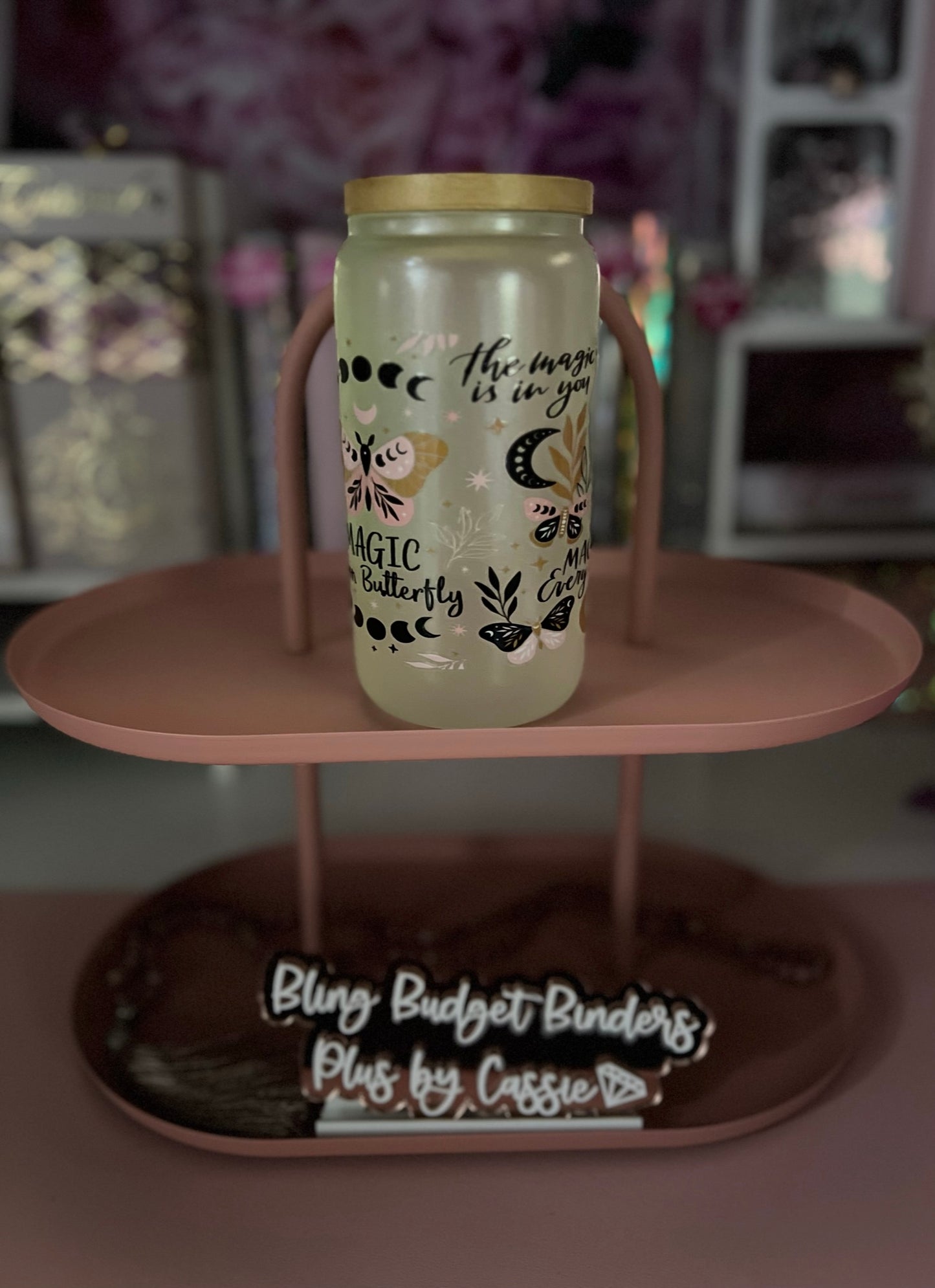 Butterfly Glow in the Dark Frosted Shimmer 16oz Beer Can Glass