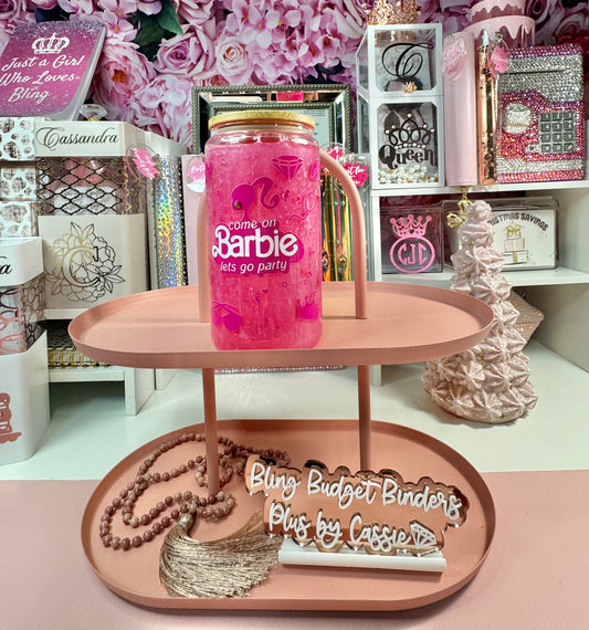 Pink Doll Snow Globe Beer Can Glass